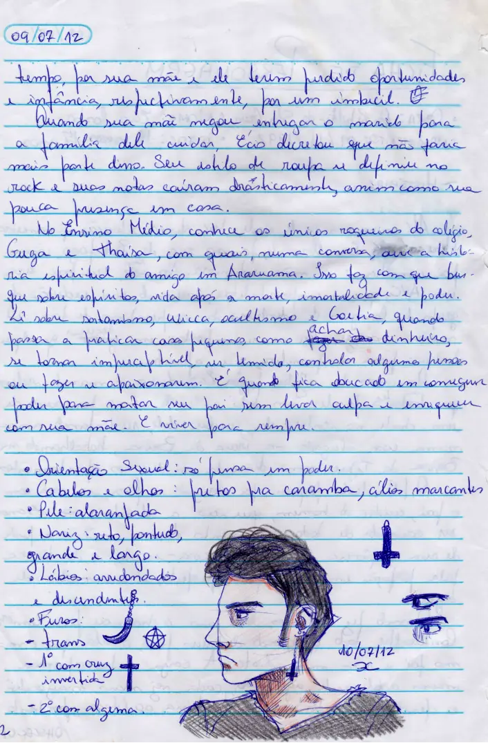 Digitalização da ficha do personagem Écio do livro "Os Hereges de Santa Cruz" por Eriq Cobra.